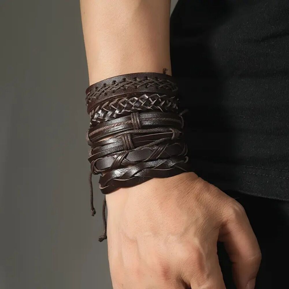 6pcs Vintage Style Braided Bracelet Set, PU Leather